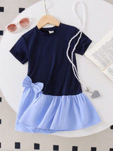 Young Young Girl Blue Comfy Round Neck Short Sleeve Patchwork Cute Casual Academy Style Bowknot Decor Dress